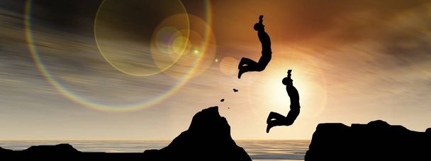 Concept or conceptual 3D illustration young man or businessman silhouette jump happy from cliff over water gap sunset or sunrise sky background banner - Photo, Image