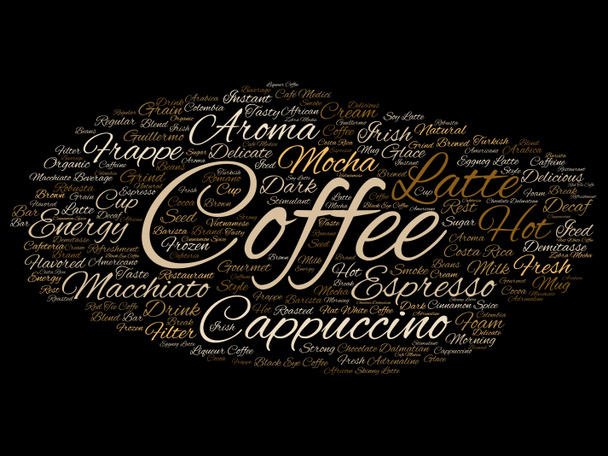 Koncepční kreativní horké ráno italskou kávu, cappuccino nebo espresso restauraci nebo kavárně abstraktní nápoj slovo mrak izolované na pozadí. Energie nebo chuť text koncepce nápoj - Fotografie, Obrázek