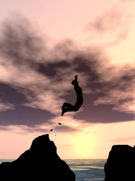 Käsite tai käsitteellinen 3D-kuva nuori mies tai liikemies siluetti hypätä onnellinen kalliolta yli veden kuilu auringonlasku tai auringonnousu taivas tausta
 - Valokuva, kuva