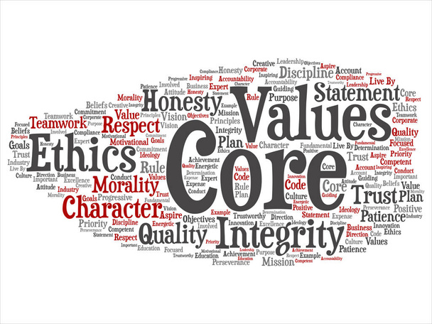 Vector conceptual core values integrity ethics abstract concept word cloud isolated background. Collage of honesty quality trust, statement, character, important perseverance, respect trustworthy text - Vector, Image