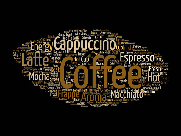 Koncepční kreativní horké ráno italskou kávu, cappuccino nebo espresso restauraci nebo kavárně abstraktní nápoj slovo mrak izolované na pozadí. Energie nebo chuť text koncepce nápoj - Fotografie, Obrázek