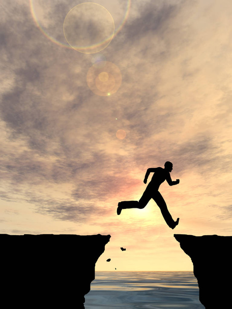 Concepto o ilustración conceptual 3D joven o hombre de negocios silueta salto feliz desde el acantilado sobre la brecha de agua puesta de sol o amanecer cielo fondo
 - Foto, Imagen