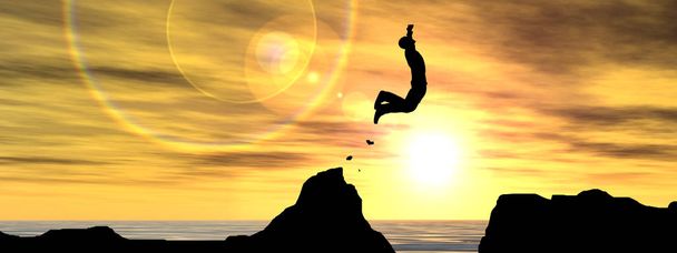 Concept ou illustration 3D conceptuelle jeune homme ou homme d'affaires silhouette sauter heureux de falaise sur l'écart d'eau coucher de soleil ou lever de soleil ciel bannière arrière-plan
 - Photo, image
