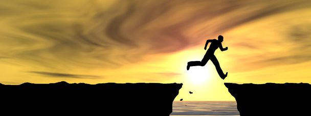 Concept of conceptuele 3d illustratie jonge man of zakenman silhouet sprong gelukkig van klif boven water gap zonsondergang of zonsopgang hemel achtergrond banner - Foto, afbeelding