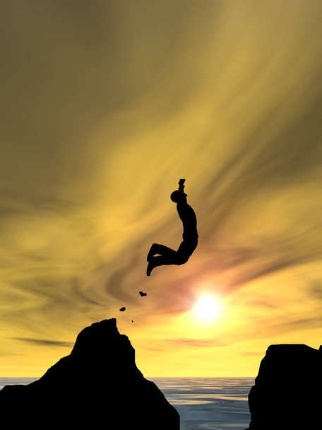 Koncepcja lub koncepcyjne 3d ilustracja młody człowiek lub biznesmen sylwetka skok szczęśliwy z urwiska nad gap woda zachód lub wschód słońca na tle nieba - Zdjęcie, obraz