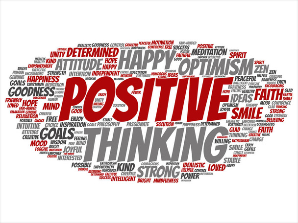 Concept, conceptual positive thinking, happy strong attitude abstract word cloud isolated on background. Collage of optimism smile, faith, courageous goals, goodness, happiness inspiration text - Photo, Image