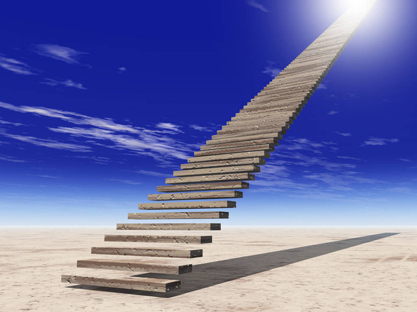 Konzept oder konzeptionelle 3D-Illustration Treppenstufen zum Himmel auf Himmelshintergrund in der Wüste mit Wolken - Foto, Bild