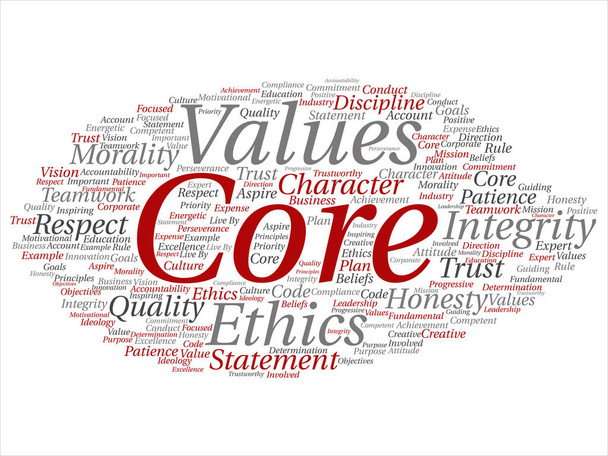 Conceptuele core waarden integriteit ethiek abstract begrip woord wolk geïsoleerd achtergrond. Collage van eerlijkheid kwaliteit vertrouwen, verklaring, karakter, belangrijke doorzettingsvermogen, respect betrouwbare tekst - Foto, afbeelding