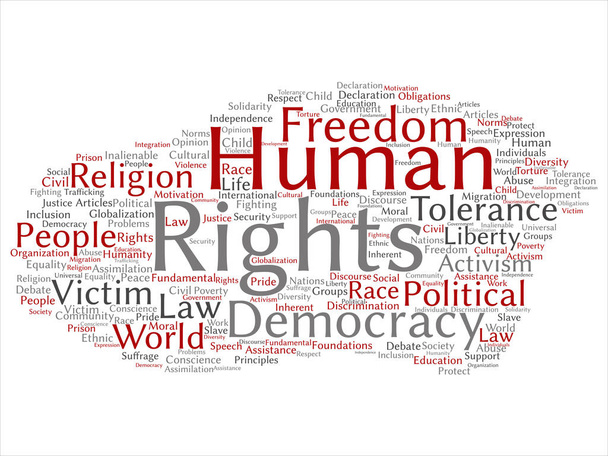Концепція або концептуальні права людини політична свобода, демократія абстрактне слово хмара ізольовані фон. Колаж людства світова толерантність, принципи права, люди справедливість дискримінація text
 - Фото, зображення
