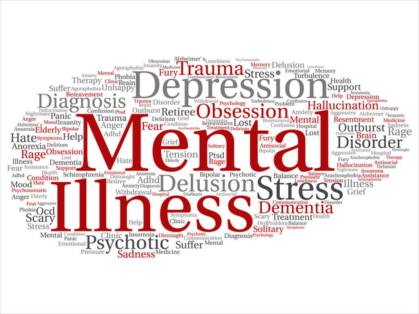 Koncepció fogalmi mentális betegség betegség probléma kezelés vagy terápia absztrakt szó felhő elszigetelt háttér. Egészség, trauma, pszichológia, segítséget, kezelése vagy ártalmatlanítása szöveges kollázs - Fotó, kép