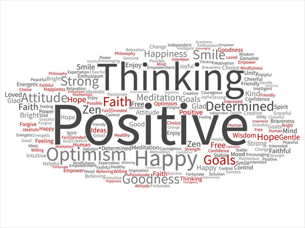 Koncepcja pojęciowy pozytywnego myślenia, szczęśliwy, silna postawa abstrakcyjna słowo cloud na białym tle na tle. Kolaż uśmiech optymizmu, wiary, odważnych celów, dobro, szczęście inspiracji tekst - Zdjęcie, obraz