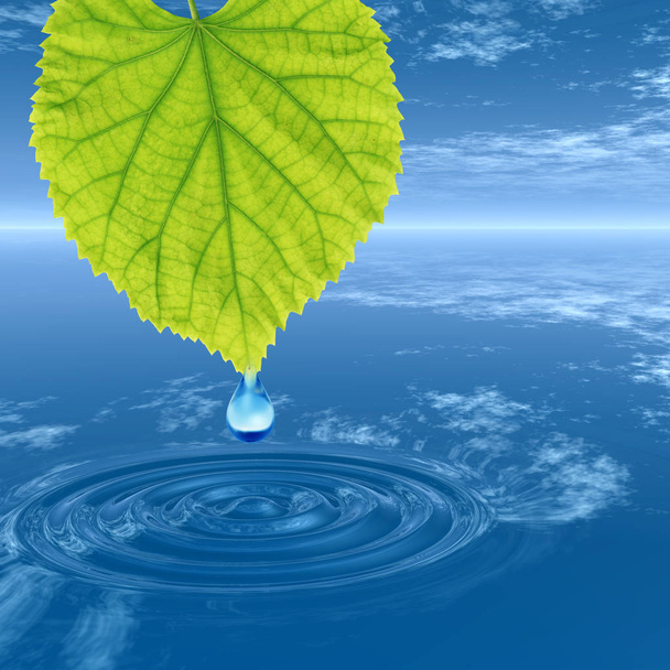 Koncepcja pojęciowy wiosna czyste wody lub rosy upuść spadające z zielony świeży liść na 3d ilustracja niebieski czystej wody, fale - Zdjęcie, obraz