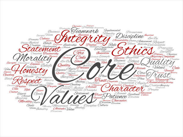 Conceptuele core waarden integriteit ethiek abstract begrip woord wolk geïsoleerd achtergrond. Collage van eerlijkheid kwaliteit vertrouwen, verklaring, karakter, belangrijke doorzettingsvermogen, respect betrouwbare tekst - Foto, afbeelding