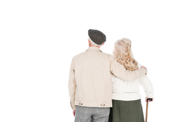 back view of retired couple standing isolated on white - Fotoğraf, Görsel