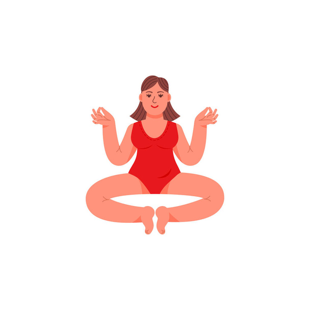 A plus-size woman sits in a lotus position. A plus-sized woman sits in a meditative posture. Vector illustration in cartoon style. - ベクター画像