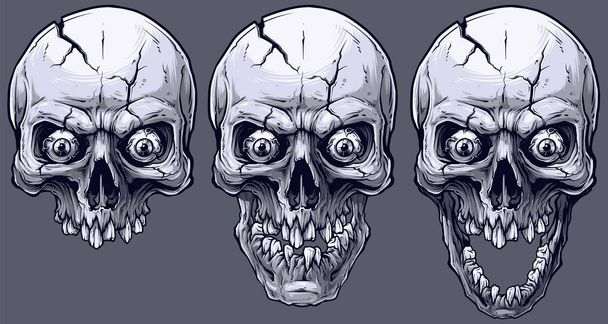 Gráfico detallado realista fresco cráneos humanos en blanco y negro con grieta, ojos locos y dientes rotos. Sobre fondo gris. Conjunto de iconos de vector
. - Vector, imagen