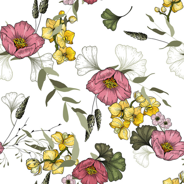 Trendy floral pattern. Isolated seamless pattern. Vintage background of orchid, ginkgo, Wallpaper.  Hand drawn. Vector illustration. - Vector, Image