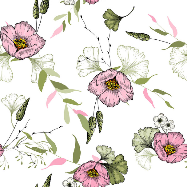 Trendy floral pattern with pink wild flowers. Seamless print of drawn by hand elements. Vintage flowering background. Hand-sketched wallpaper. Vector illustration. - Vector, Image