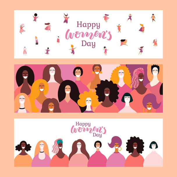Frauentagsbanner mit verschiedenen Frauen und Schriftzügen. handgezeichnete Vektorillustration. .Konzept für Feminismus  - Vektor, Bild