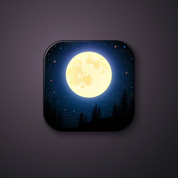 Night scenery with full moon and stars glowing above a coniferous forest in a square-shaped button with round corners, with copy space on grey background or wall - Διάνυσμα, εικόνα