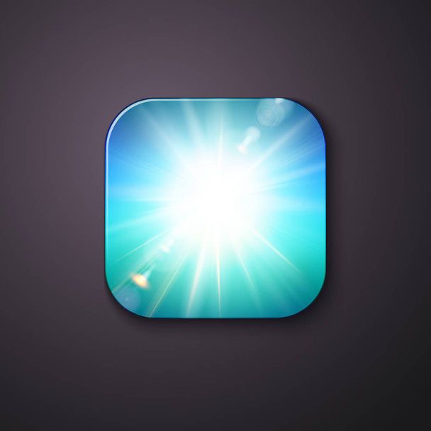 Sunburst or white shining light on a blue square button with round corners, with shadow and copy space on dark grey. - Vetor, Imagem