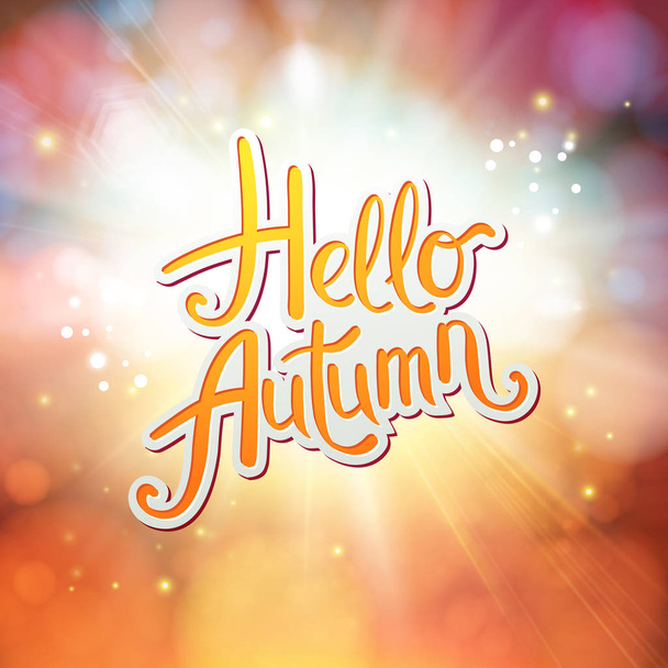 Dynamic orange Hello Autumn card design with a sunburst or explosion over a surreal dreamy background in autumnal colors and orange text, vector illustration. - Vector, Image