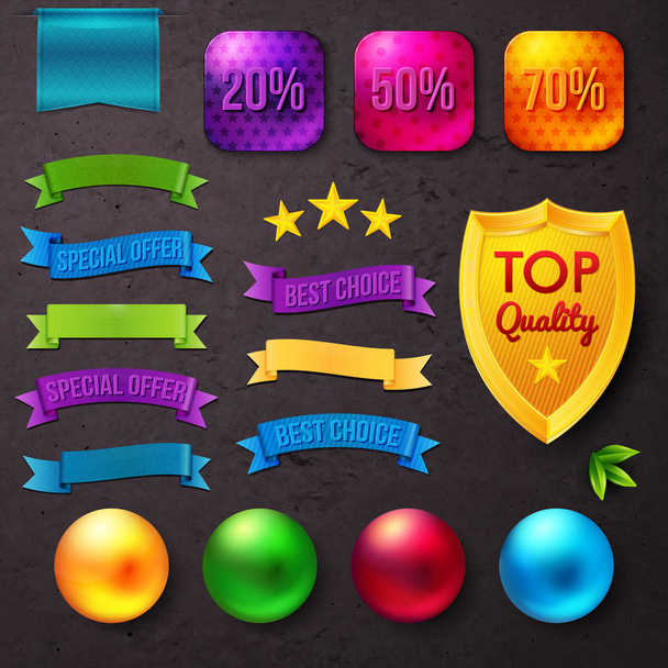 Large collection of bright vibrant sale buttons and ribbon banners with percentage reductions, best offers and top quality text with four plain round glossy buttons below, vector illustration. - Вектор, зображення