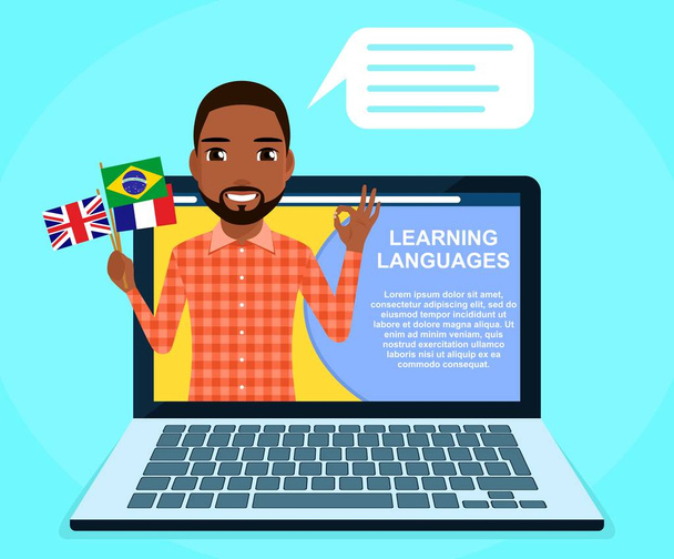 Online language learning. The young guy is holding flags of different countries of the world. Online tutor. In flat style on blue background. Cartoon. - Vector, Image