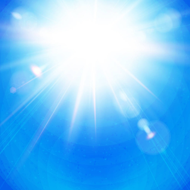 Heldere Sunburst met stralende stralen in een heldere blauwe hemel met zon flare in vierkant formaat. Vectorillustratie. - Vector, afbeelding