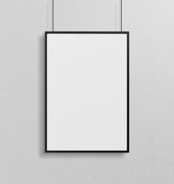 Black frame hanging in front of a wall mockup 3d rendering - Foto, Imagem