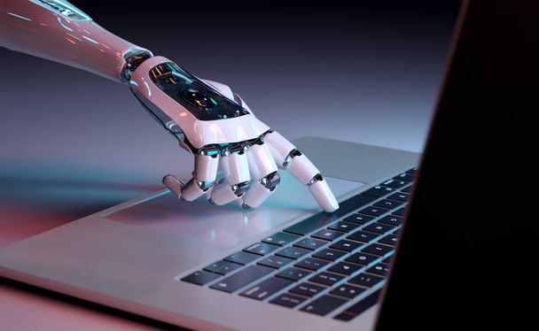 Robotic cyborg hand pressing a keyboard on a laptop 3D rendering - Foto, imagen