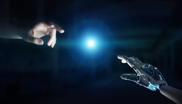 Robot hand making contact with human hand on dark background 3D rendering - Foto, imagen