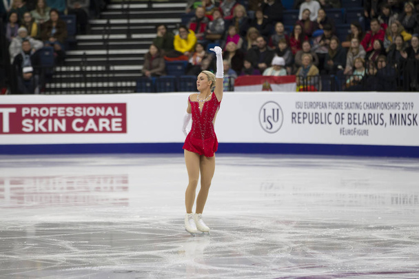 Belarus, Minsk, Ice Arena, January 25, 2019. European Figure Skating Championship.Danish figure skater Pernile Sorensen performs free program - Photo, Image