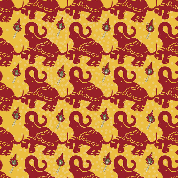 Borde abstracto vectorial, impresión sobre fondo amarillo. Patrón floral de flores rojas dibujadas a mano, hojas de fantasía y animales de cuento de hadas, adornado cute.wallpaper
 - Vector, Imagen