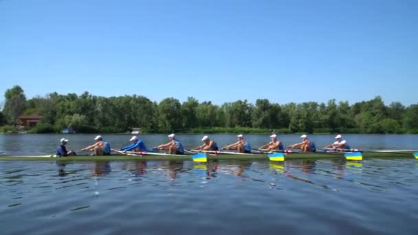 Roeiteam zomertraining. 8 atleten roeien in een boot in de rivier de Dnipro. Stadsgebied in Kiev, Oekraïne - Video