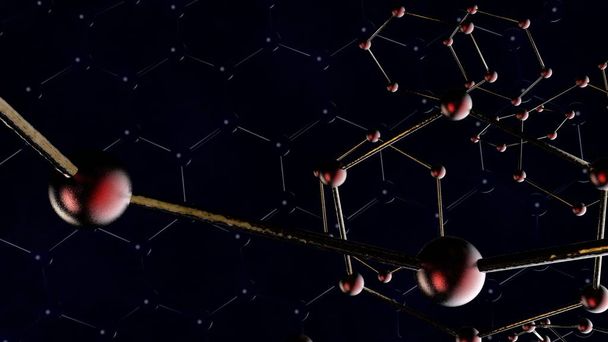 3D иллюстрация молекул графена на тёмном фоне. Идея нанотехнологий, будущее человечества. Атомы углерода соединяются в молекулу. 3D рендеринг
 - Фото, изображение