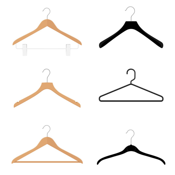 Wooden, plastic and metal wire coat hangers, clothes hanger on a white background - Vector, Image