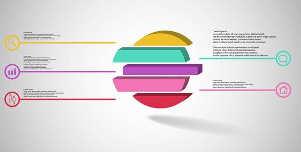 3D illustration infographic template. The embossed ring is divided to five color shifted parts. Object is arranged on grey white background. Color lines with simple signs in circles are on sides. - Vector, Image