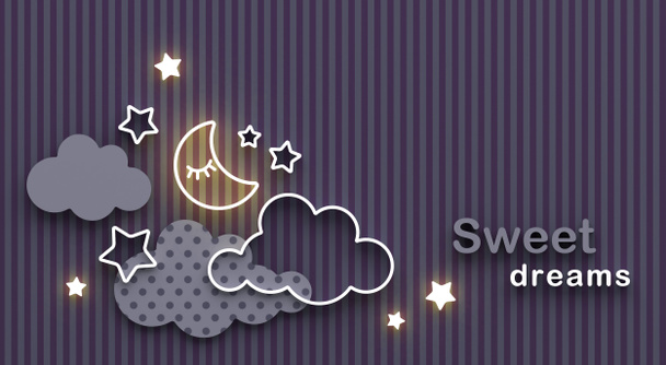 Dibujos animados luna dormida, nubes y estrellas en el cielo nocturno. Deseando buenas noches y dulces sueños. Tarjeta de felicitación con espacio para copiar. Renderizado 3D
. - Foto, imagen