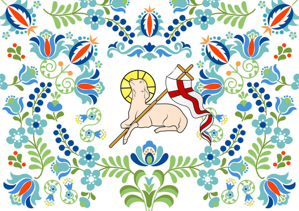 Polish floral folk embroidery pattern. Traditional folk pattern with lamb for Easter - Vector, Image