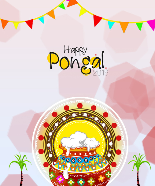 South Indian harvest festival, Happy Pongal celebrations banner or poster design with religious offerings and traditional pot on bokeh effects background. - Photo, Image