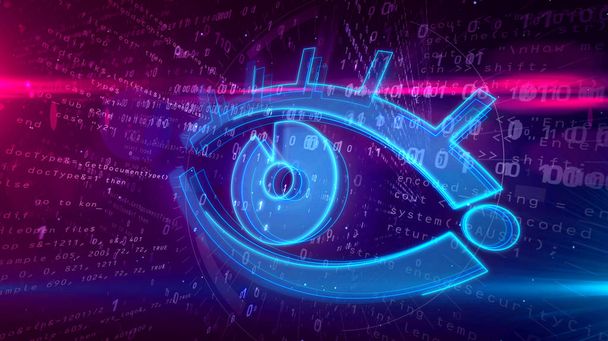 Espionaje cibernético y vigilancia en Internet. Espionaje y seguimiento de la privacidad en el ciberespacio con símbolo de ojo en el fondo digital Ilustración 3D
. - Foto, imagen