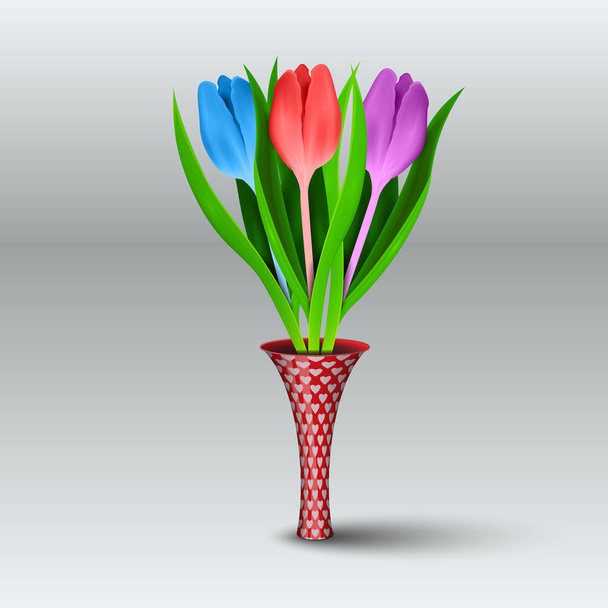 Multicolored realistic tulips in a thin vase on a gray background. Vector illustration. - Vetor, Imagem