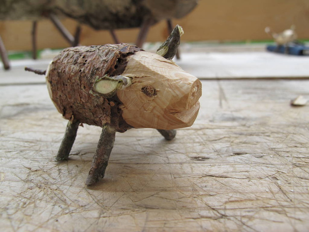 Decorative toy pig. Handcraft project with natural materials without any glue or screws. - Photo, Image