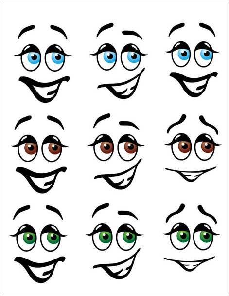 Divertidas caras emoji de dibujos animados con expresiones felices, con ojos y cejas azules, marrones y verdes
. - Vector, imagen