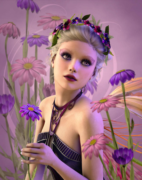 3d компьютерная графика сказочной девушки с маргаритками и венком цветов на голове
 - Фото, изображение
