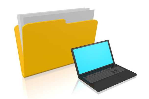 3D απεικόνιση φάκελο έγγραφα, laptop - Φωτογραφία, εικόνα