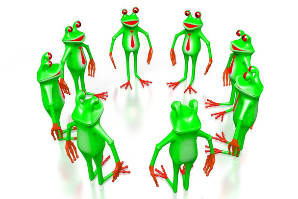 3D żaby kreskówka na białym tle - koncepcja pracy zespołowej. - Zdjęcie, obraz