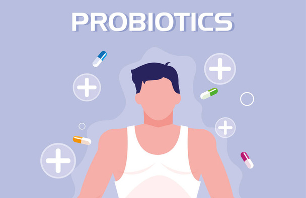 corpo dell'uomo con capsule medicinali probiotici
 - Vettoriali, immagini