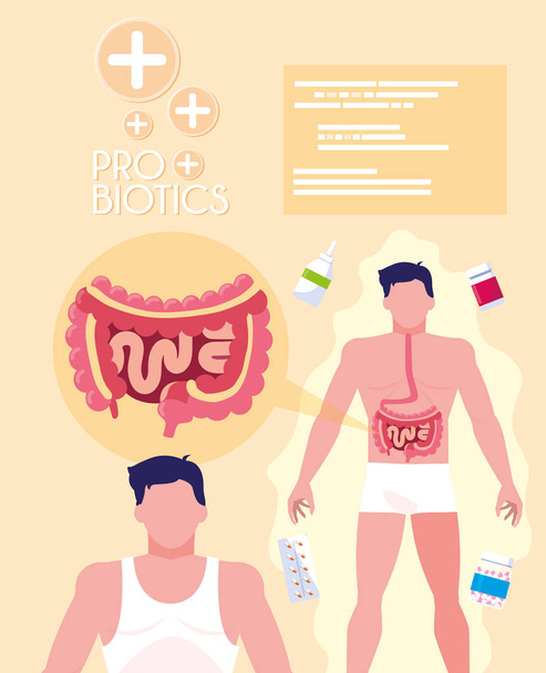 bodies of man with medicines probiotics - Vector, Image